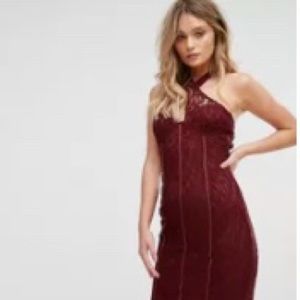 Cross Front Lace Pencil Dress with Panelled Side Wine Colour